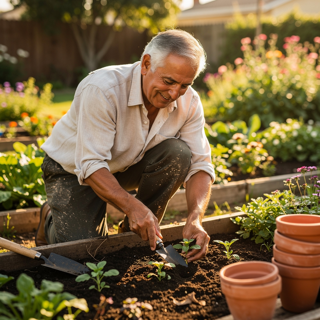 Hombre adulto activo realizando jardinería en patio soleado