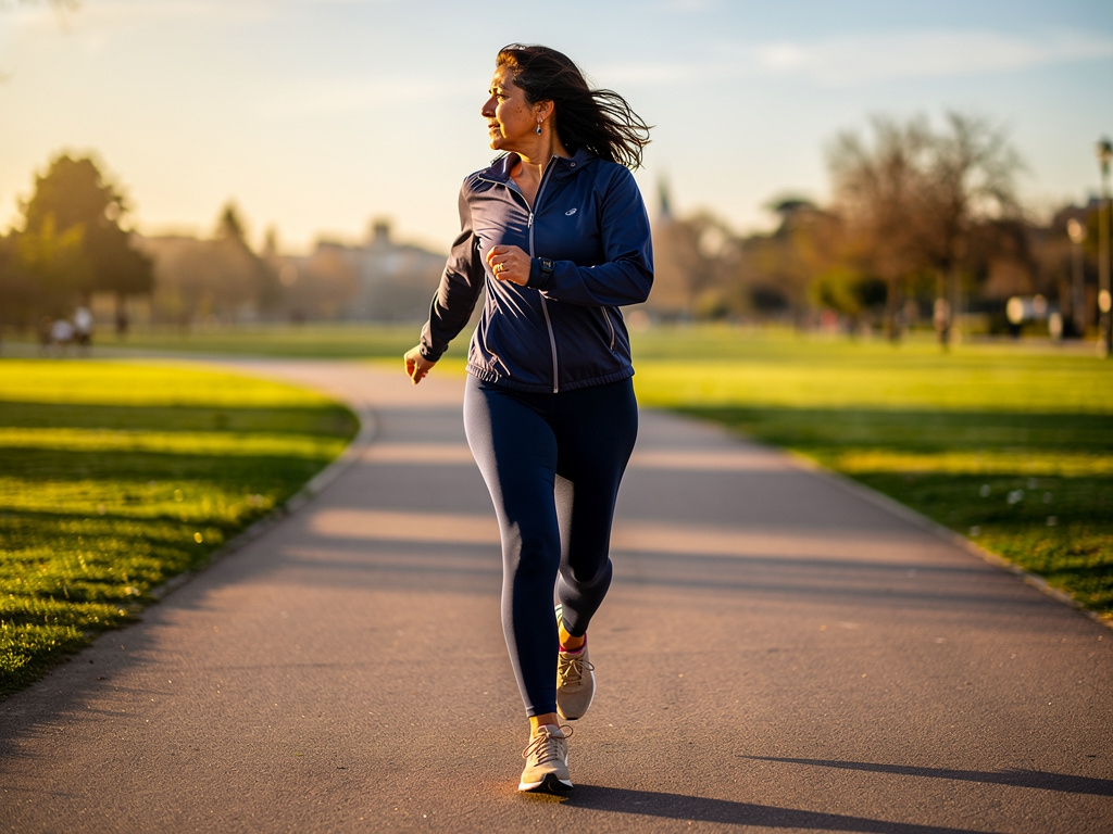 Mujer de mediana edad caminando en sendero de parque por la mañana
