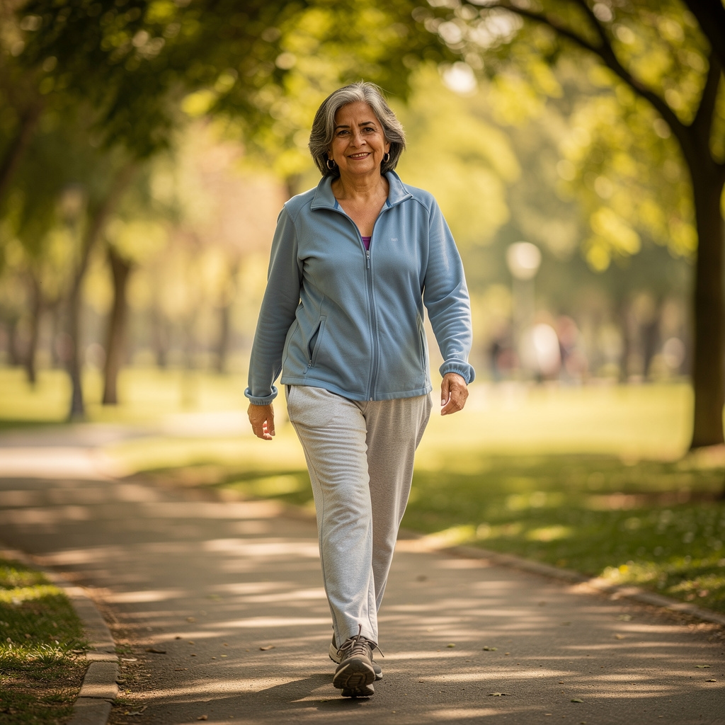 Persona adulta caminando tranquilamente en un parque verde